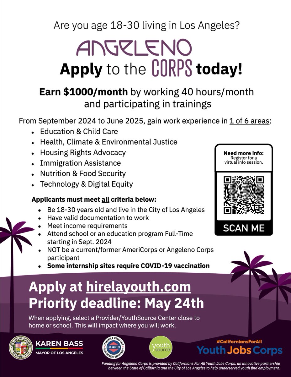 Are you 18-30 living in Los Angeles? Angeleno Corps 2024-2025 applications have officially opened starting today! Apply at hirelayouth.com #BrotherhoodCrusade #AngelenoCorps #youth #work #success