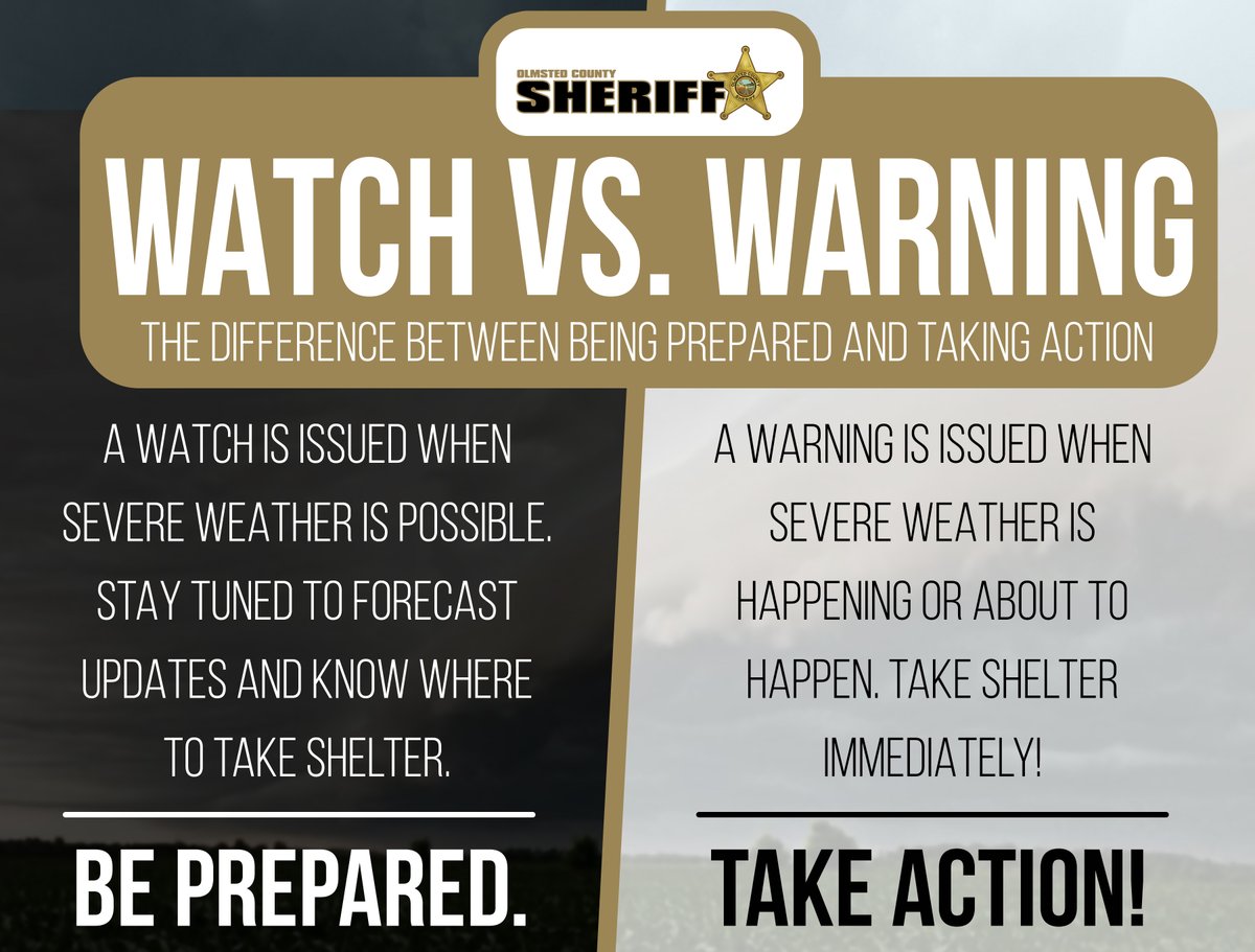 When it comes to severe thunderstorms, flash flooding, and tornadoes... know the difference between a #watch and a #warning.

#mnSWAW
#RochMN
#OlmstedCounty