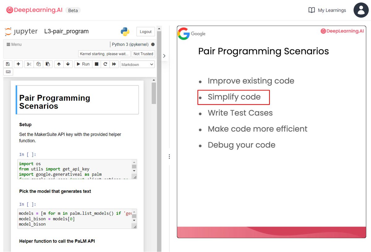 In 'Pair Programming with a Large Language Model,' instructed by @Google’s Laurence Moroney, you will learn how to use LLMs to simplify your code and reduce technical debt by explaining and documenting a complex existing code base. Sign up today: hubs.ly/Q02s9CpK0