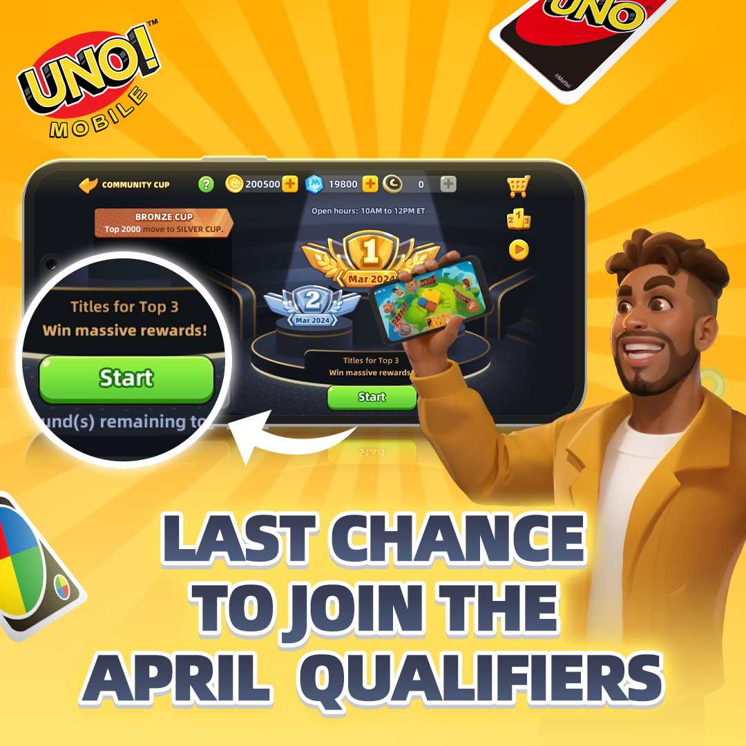 ⏳🚨 Last Call for the April Qualifiers! Today is your final chance to join the UNO! Mobile Community Cup 2024 April qualifiers and showcase your skills! 📌 Find the terms and conditions here: letsplayuno.com/news/esports/2… 👉 𝐏𝐥𝐚𝐲 𝐍𝐨𝐰: bit.ly/UNOMobileCommu…