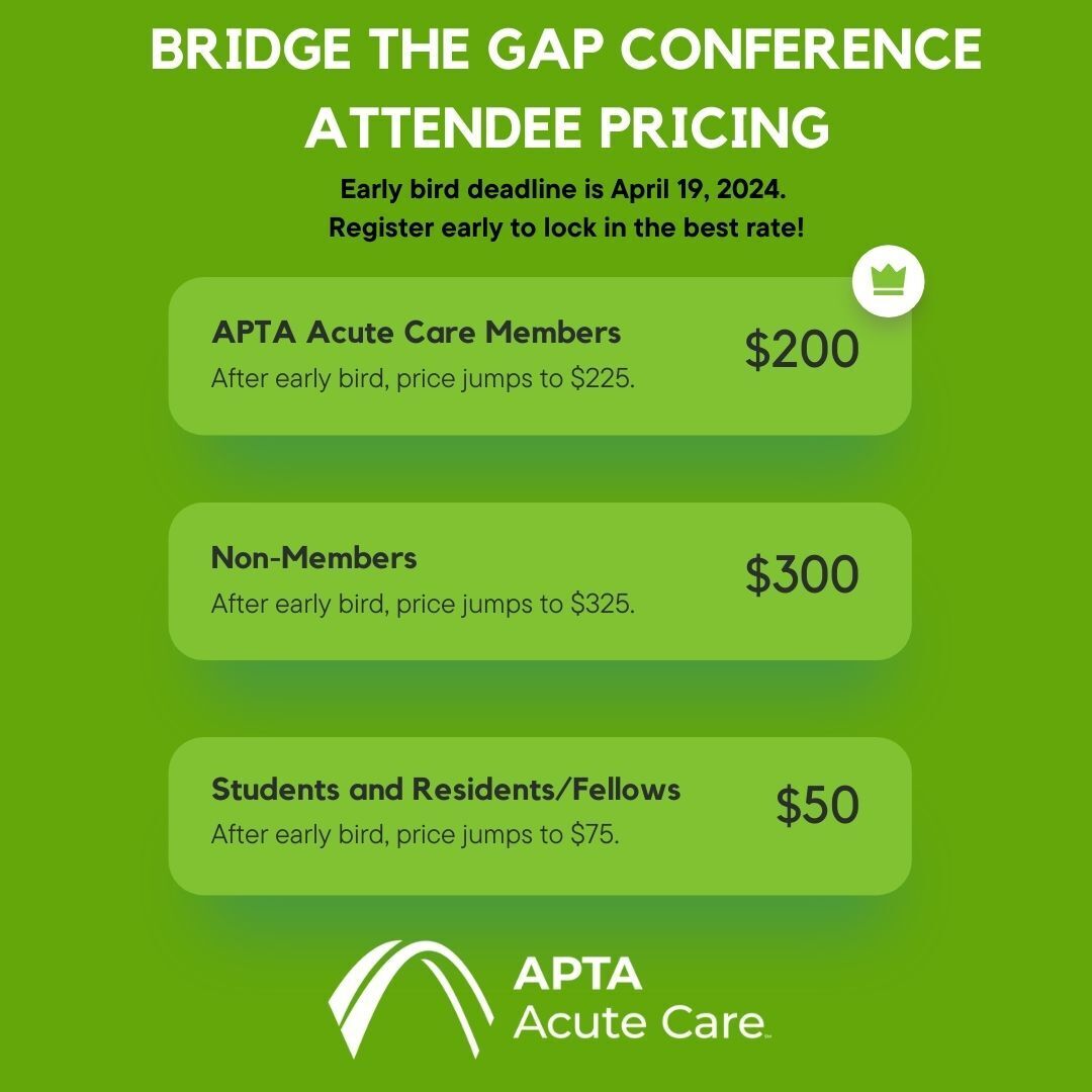 Save the date for the Bridge the Gap Conference 𝗠𝗮𝘆 𝟯-𝟱, 𝟮𝟬𝟮𝟰 and don't forget to register! Early bird deadline is 𝗔𝗽𝗿𝗶𝗹 𝟭𝟵𝘁𝗵! Can't wait to see you there! #BTG #Conference2024 #AcuteCare aptaacutecare.org/events/eventde…