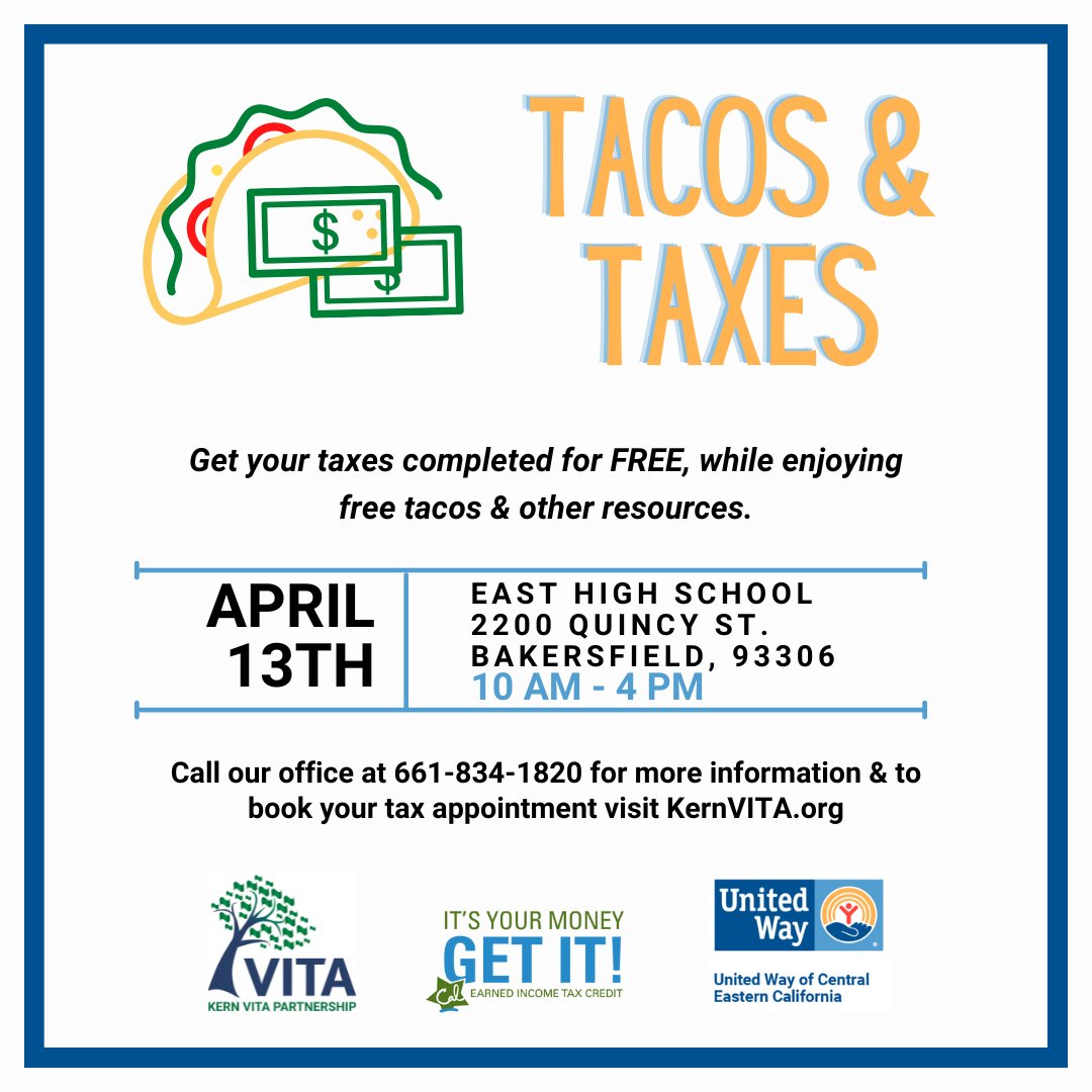 This Saturday is UWCEC's Tacos and Taxes event. Join us at East High School to get tacos and your taxes done before the April 15th deadline! Este sábado es el evento Tacos e Impuestos de UWCEC. ¡Únase a nosotros en East High School para preparar tacos y pagar sus impuestos!