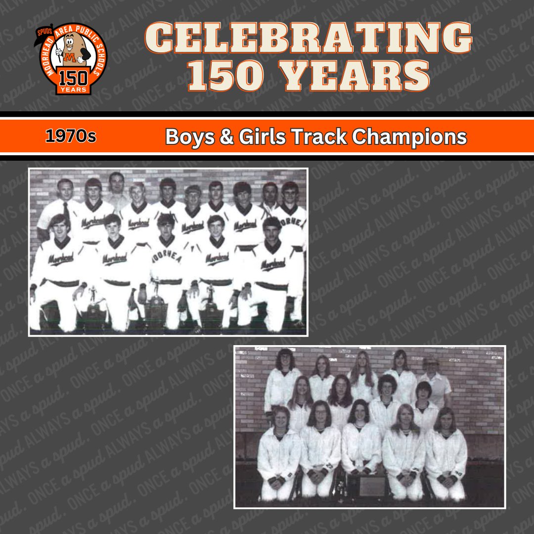 CELEBRATING 150 YEARS: Both the Boys and Girls Track secured state titles in the 70s. The two squads combined for 19 individual and relay state championships and six team championships. Paula Bauck & Jim Gotta coached the Girls and Boys teams, respectively. #OnceASpudAlwaysASpud