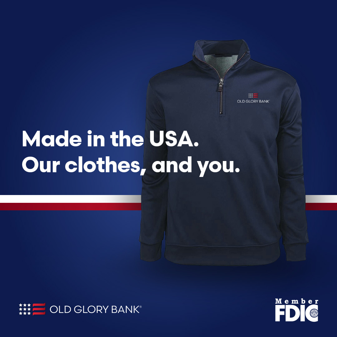 Old Glory Bank merch is now available. Made in America. Wear your pride for America and for the bank that loves America. Go to store.oldglorybank.com.