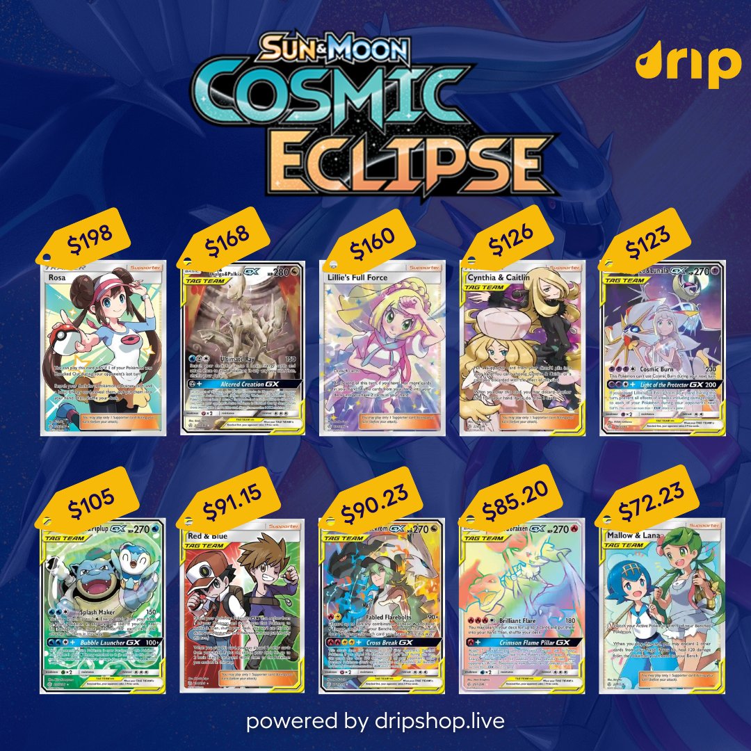 In celebration of Today's Solar Eclipse, here are the top 10 cards from Pokemon's Sun & Moon Cosmic Eclipse Set 🌗 Value aside, do you have a favorite card from this set? 🗣️👇 #Pokemon #TCG