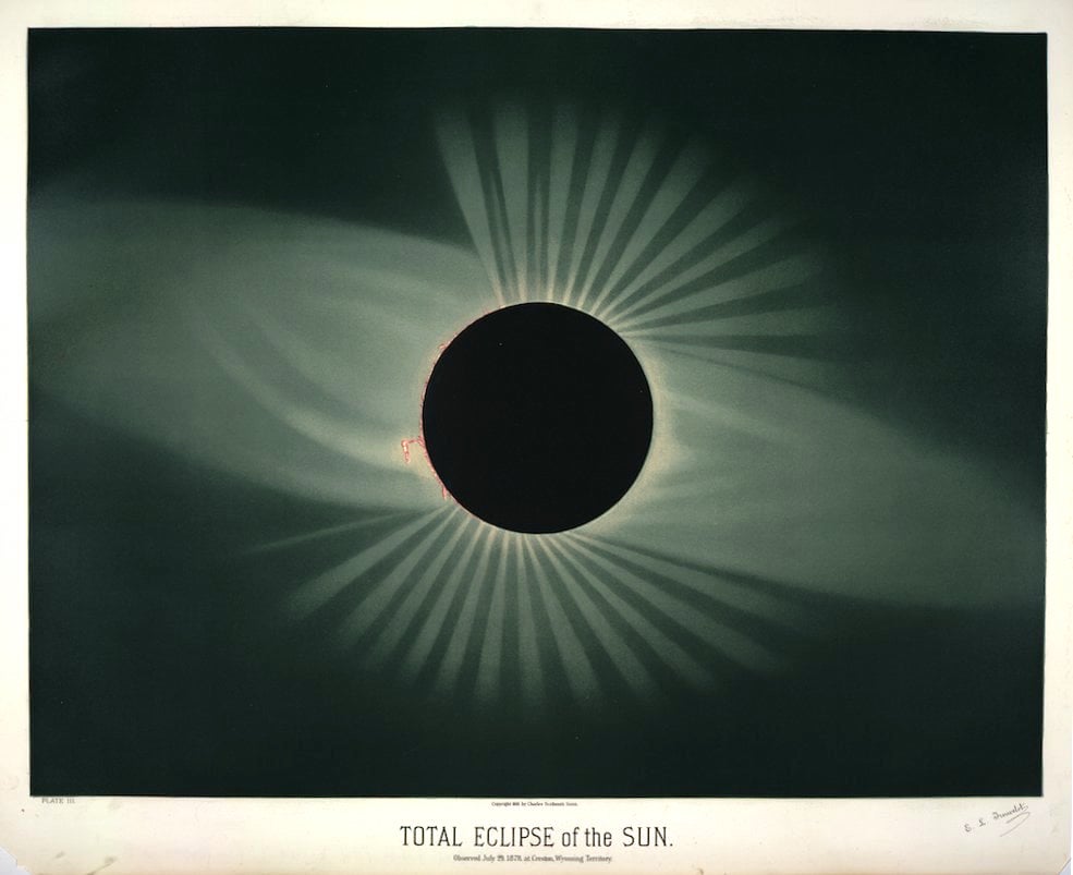 Total Eclipse of the Sun, 1882. Chromolithograph after a pastel drawing by astronomer, artist, and amateur entomologist Étienne Léopold Trouvelot. Learn more about his life and see a collection of his stunning astronomical art here: buff.ly/2ENtY5g #eclipse #solareclipse