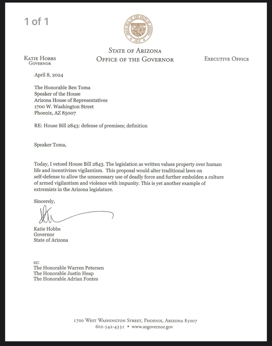 UPDATE: ⁦<a href="/GovernorHobbs/">Governor Katie Hobbs</a>⁩ signed 30 bills into law and vetoed 5 proposals including HB2843 which would have made it easier for ranchers to shoot border crossers on their property.