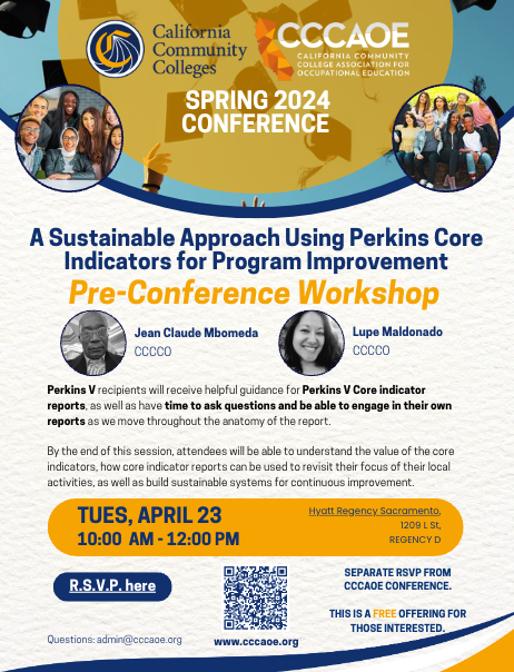 There are 5 AM and 4 PM pre-conference sessions for the Spring Conference. Must RSVP. Free with your full conference registration. A Sustainable Approach Using Perkins Core Indicators... at 10 am Learn more - cccaoe.org/spring-confere…… #CCCAOESpring2024 #perkins #CCCCO