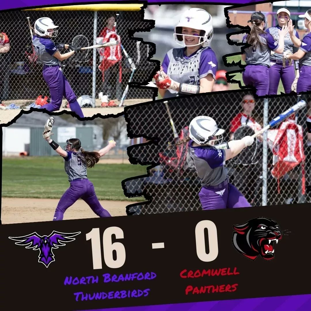 North Branford: 16
Cromwell: 0

Kiley Mullins: 9 K's, 1-hitter

Lexi: Single, RBI
Tal: 3-4, 2B
Lindsey: 2-4, 3B, 3 Runs, 3 RBI
Lauren: 3-4, 2B, 3B, HR, 3 Runs, 5 RBI
Adriana: 4-4, 2B, 3B, Run, 3 RBI
Gabi: Single, Run, RBI
Alia: Single, Run
Lily: Triple, Run, 2 RBI
Madi: Run