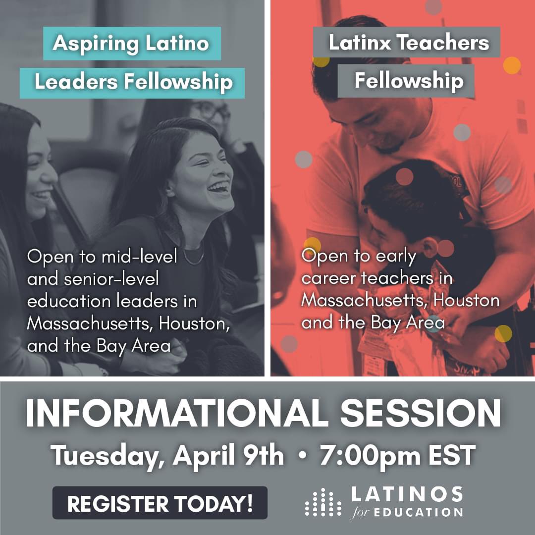 🚨Attention Latino educators! Are you looking for opportunities to advance your leadership & career in education? Join us for an information session TOMORROW to learn about the Aspiring Latino Leaders Fellowship and the Latinx Teachers Fellowship. RSVP: hubs.la/Q02s56y_0