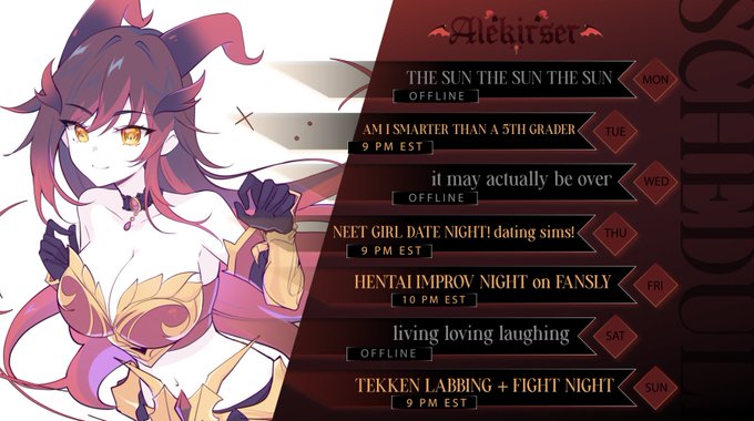 HELLOOO PALS THIS IS MY SCHEDULE FOR THIS WEEK! (APR 8 - 14)

art by fleesveon https://t.co/aEsI7CEg