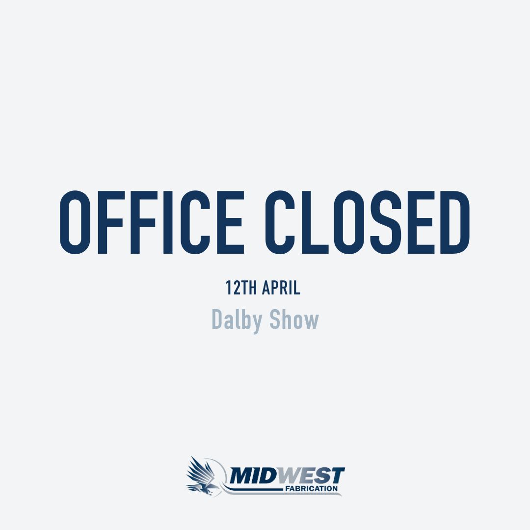 Our office will be closed on Friday 12th April for the Dalby Show holiday. 

For any emergency parts or services enquiries, phone 📱 0488 983 945. 

We'll be back in the office on Monday. 

#MidwestFabrications #Midwest #DalbyQLD #DalbyShowDay #MidwestFront #RuralAussieFarmers
