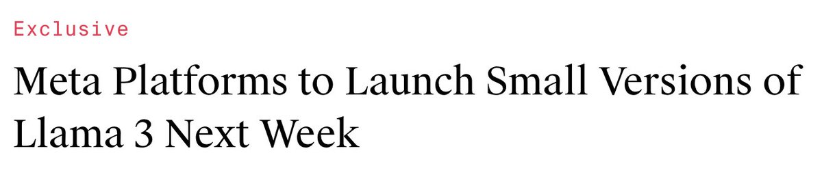 The Information reports that the timeline for releasing the smallest Llama 3 variants has moved up to next week! This prob means Meta has found their 7B beats Mistral 7B on benchmarks (otherwise they wouldn't give it a dedicated release). Let's go! 🚀 theinformation.com/articles/meta-…