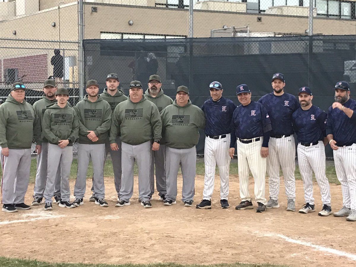 CAMARADERIE ON DISPLAY The coaches for @RoverBaseball and @LHSVarBBALL pose for a photo after the game. They worked together to make it a most special day to honor the late Mark Benetsky. Benetsky loved Easton coaches Carm LaDuca and Greg Hess and vice versa.