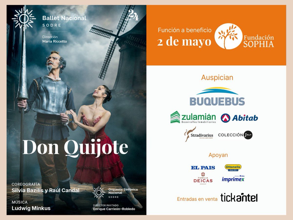 El mejor espectáculo por una mejor causa. 2 de mayo, Don Quijote del <a href="/BNSballet/">Ballet Nac. SODRE</a> a beneficio de <a href="/fundsophia/">Fundacion Sophia</a>. No te lo podes perder.