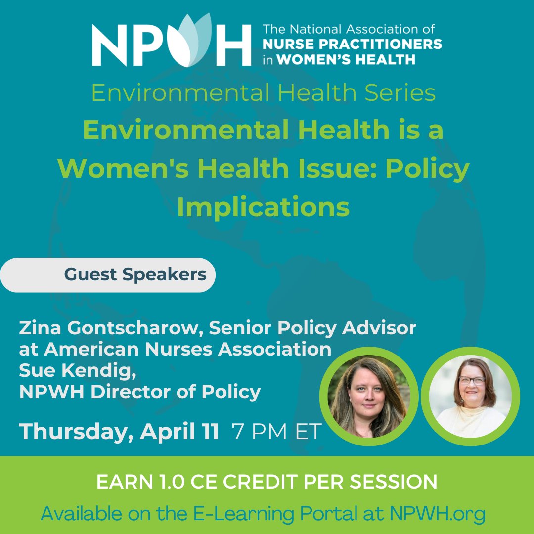 Join us THIS WEEK - April 11 at 7 PM ET - for the third session of NPWH's three-part Environmental Health Webinar Series 'Environmental Health is a Women's Health Issue: Policy Implications.' Register here: pathlms.com/npwh/courses/6…. Earn 1.0 CE Credit. #environmentalhealth
