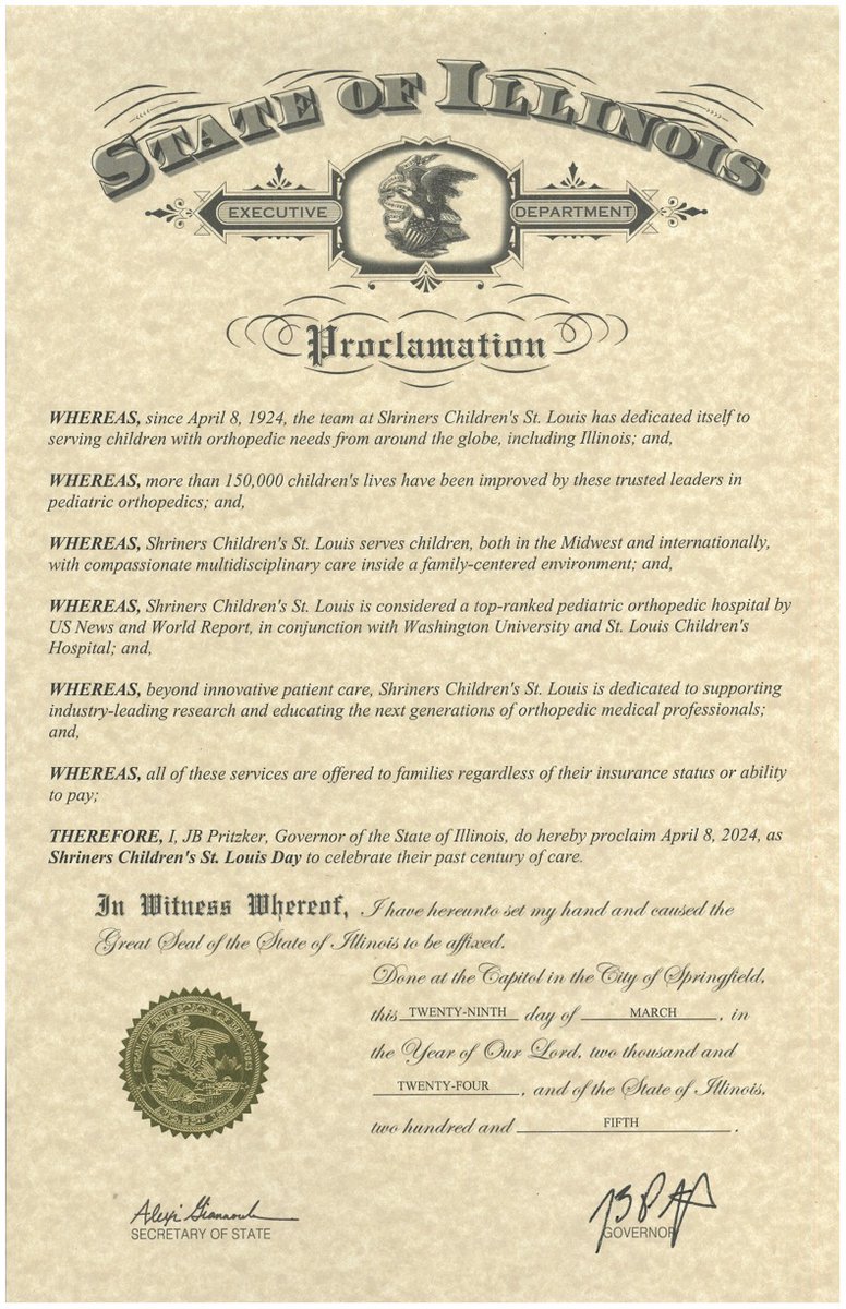 Did you know... today was declared 'Shriners Children's St. Louis Day' in Illinois? Thank-you for this very special proclamation in honor of our 100th anniversary!

#ShrinersSTL100 #kids #hope #orthopedics