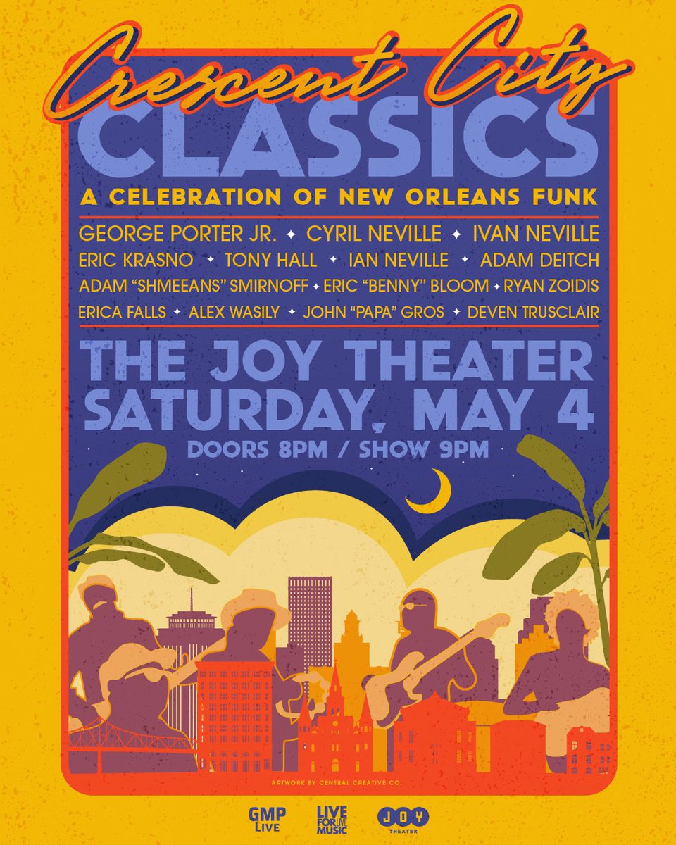 Join members of Dumpstaphunk (Ivan, Ian, Tony, Deven, Alex) along with George Porter Jr, Cyril Neville, Eric Krasno, Adam Deitch and many more Saturday, May 4th at Joy Theater for the “Crescent City Classics: A Celebration of New Orleans Funk” 🎭⚜️ 🎫 shorturl.at/fhnBH