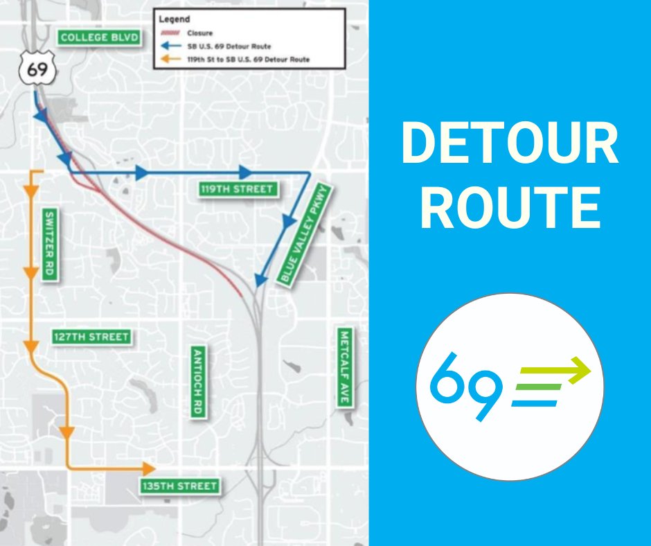 🚧 FULL OVERNIGHT CLOSURE 🚧 All southbound U.S. 69 lanes from 119th St. to Blue Valley Pkwy., and the 119th St. to southbound U.S. 69 entrance ramp will be FULLY CLOSED overnight April 10, 11 & 12 (7PM-6AM). Info. ➡️ ow.ly/Q3SC50RaYpK. #69Express #KCTraffic