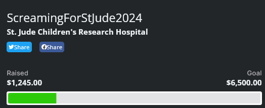 TubinMonkey's tweet photo. Our amazing community is almost already at 25% of our 2024 goal! Absolutely crushing it this season right off the start, let's kick off day 4 tonight proper with some spooky times and charity goodness for @StJudePLAYLIVE https://t.co/lLsBtjTGJ0