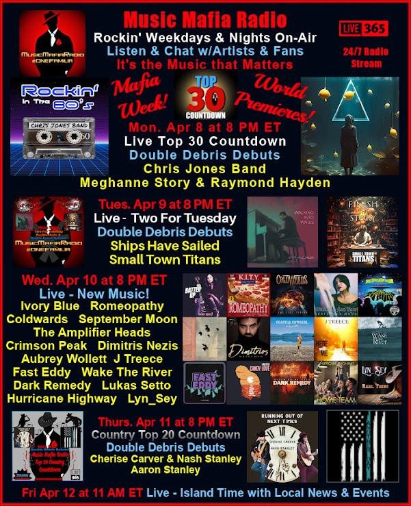 💥Mafia week! Mon 8pm EST – Top30 Double Debris Debut @chrisjonesband /@mauricethefish Tues 8 - Two for Tuesday @ShipsHaveSailed /@SmallTownTitans Wed 8 – New Music Thur 8 - Country Top 20 #Debut @CarverCherise /#AaronStanley Fri 11 am #IslandTime ▶️musicmafiaradio.net