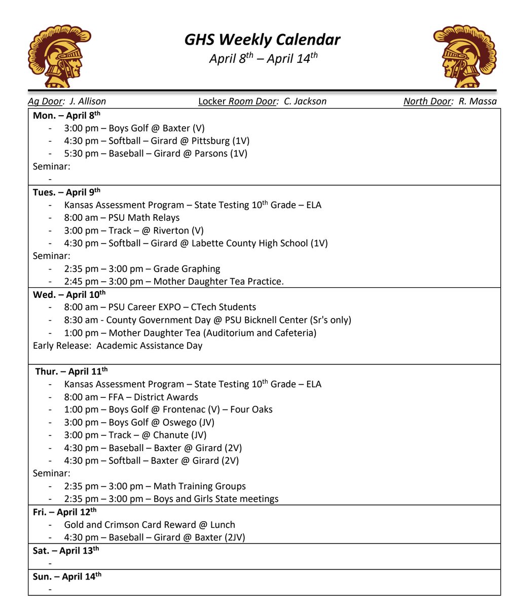 #248GHS Weekly Calendar
📚⛳️🥎⚾️❓🧮🏃‍♀️🏃📈🫖🦍🇺🇸🏆