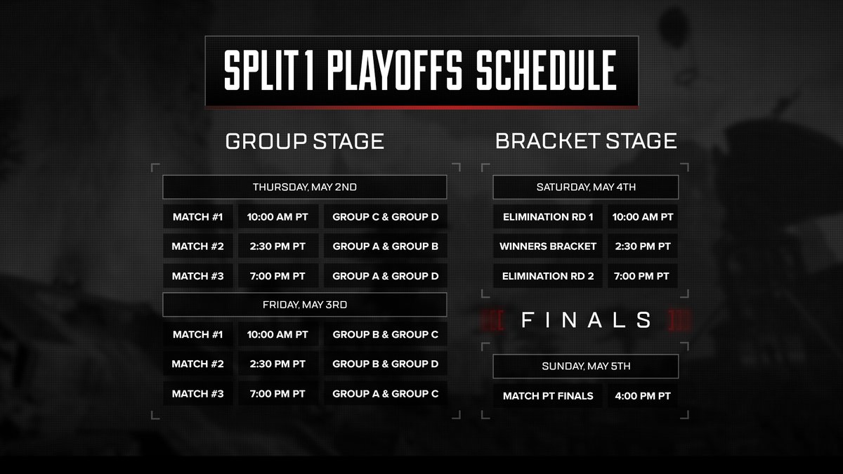 🗓️ #ALGS Split 1 Playoffs Schedule:

🔹 Group Stage  -  May 2 - 3
🔹 Bracket Stage - May 4
🔸 Match Point Finals - May 5

👀Sunday tickets are nearly sold out!
🎟️Join us in LA at the Galen Center: bit.ly/3PyWUmp