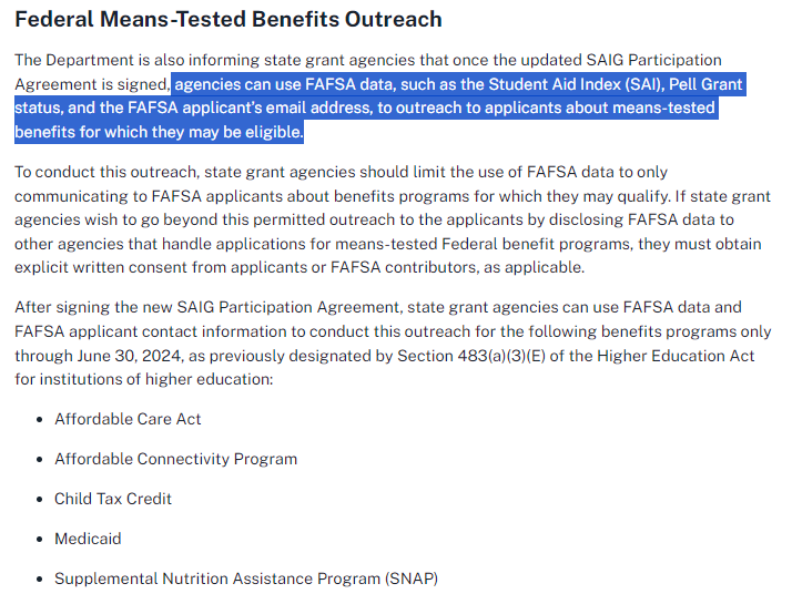 Bryce McKibben (@bmckib) on Twitter photo 🚨 In new guidance, <a href="/usedgov/">U.S. Department of Education</a> is permitting state agencies to inform college students about public and tax benefits using FAFSA data. This is big news for basic needs. See more at: fsapartners.ed.gov/knowledge-cent… 🚨 In new guidance, <a href="/usedgov/">U.S. Department of Education</a> is permitting state agencies to inform college students about public and tax benefits using FAFSA data. This is big news for basic needs. See more at: fsapartners.ed.gov/knowledge-cent…