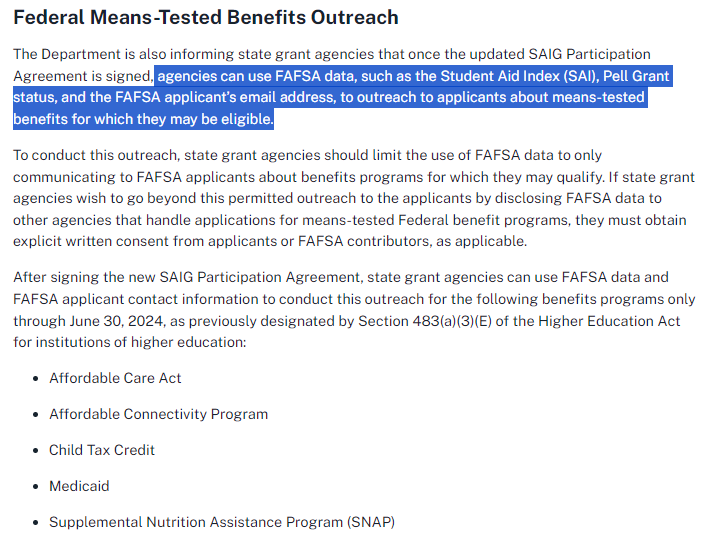 🚨 In new guidance, @usedgov is permitting state agencies to inform college students about public and tax benefits using FAFSA data. This is big news for basic needs. See more at: fsapartners.ed.gov/knowledge-cent…