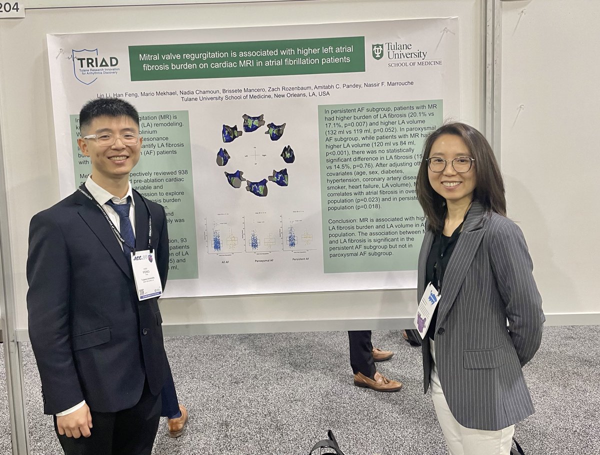 MR is associated with higher left atrial fibrosis burden in a.fib patients presented by Lin Li, MD @Flyingamoi1 @HanFengGHD @MekhaelMario, Brissete Mancero, MD @nadiachamoun @nmarrouche @TulaneTriad @TulaneCardio @Rozenbaum_Z @AmitabhCPandey @ACC24 @ACCinTouch @JACCJournals