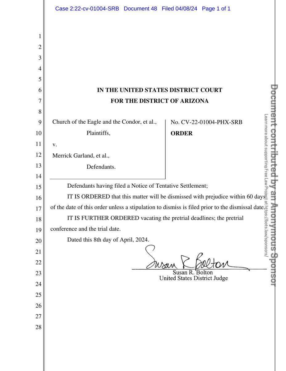 New filing: 'Church of Eagle & Condor v. A.G. (Religious freedom - sacrament seizure)' Doc #48: Order AND ~Util - Set Deadlines AND ~Util - Terminate Deadlines and Hearings PDF: courtlistener.com/docket/6337530… #CL63375309