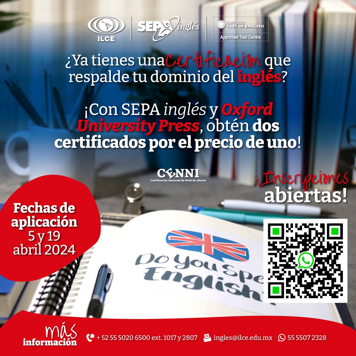 ¡Obtén una certificación internacional que avale tu nivel de dominio del idioma inglés! 😎👌 Para más información: 📞 Teléfono: 55 50206500 ext. 1017 y 2807 ✉️ Correo: ingles@ilce.edu.mx 📲 WhatsApp: 55 5507 2328