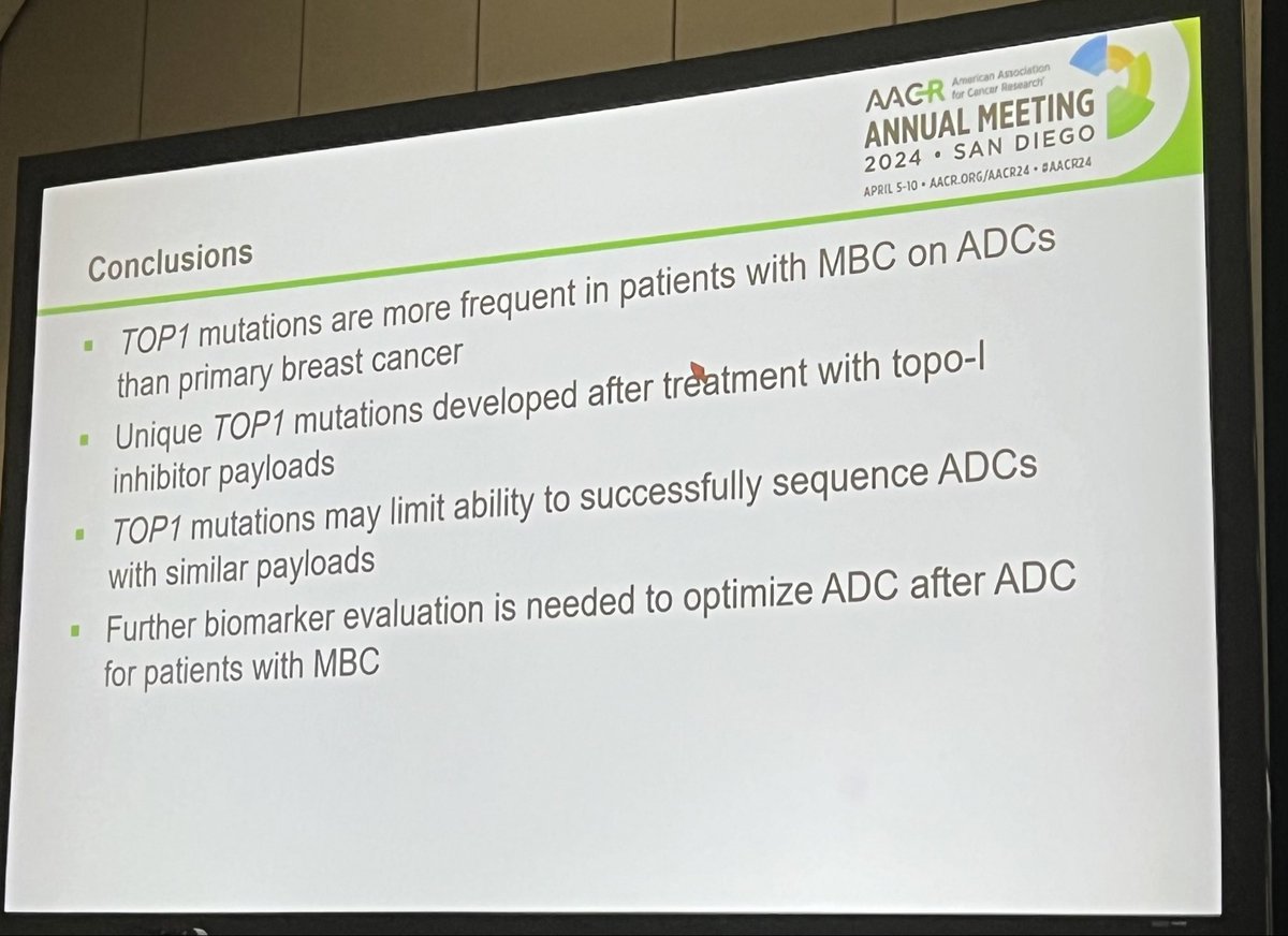 Excellent presentation at @AACR by @RachelAbelman on TOP1 mutations mediating cross-resistance to ADCs. Implications for ADC sequencing and drug development in MBC. #bcsm