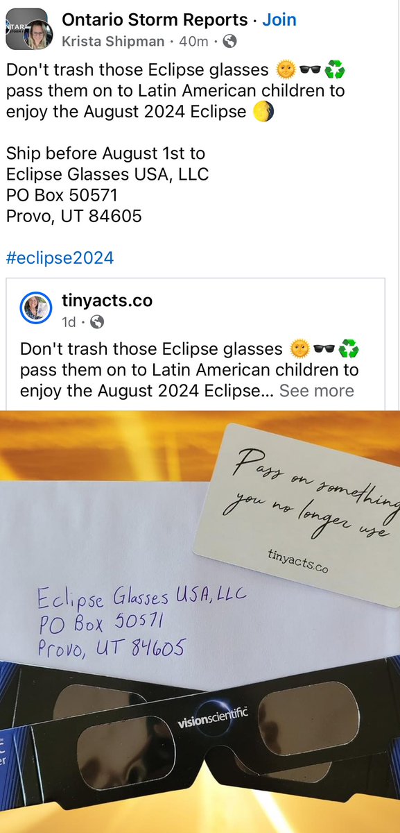 Now that the excitement has passed, pay it forward! 🌖☀️😎 If you have #EclipseSolar2024 glasses, don’t throw them away! Pass them on to those who are preparing for the August 2024 eclipse! ♻️ 🕶️