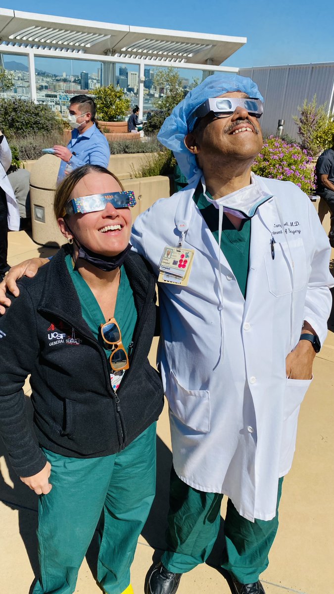 Great to be able to see the partial solar ellipse in the middle of a busy clinic day @ZSFGCare. @DonoBD came to the rescue with special glasses to get the true experience. My second partial eclipse on the hospital roof! We really cool