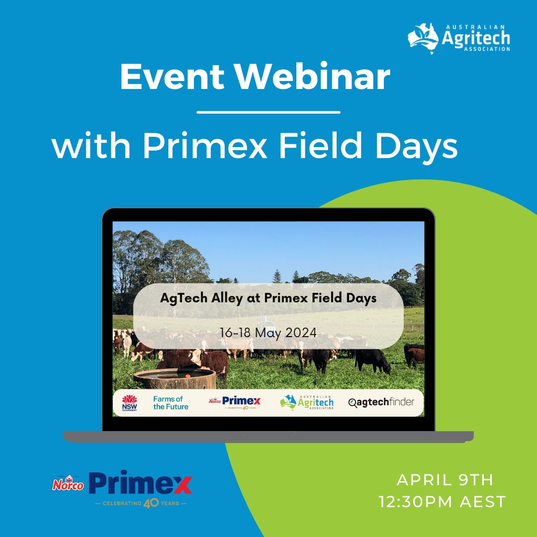 🌾 Event Webinar with Primex Field Days - Happening today! When: Today! Tuesday 9th April 12:30pm AEST Where: Online - Join here loom.ly/KtdfP2g Format: 20min presentation & 10min Q&A #Agriculture #Technology #Innovation #AusAgritech #Agtech #Agritech #AgtechAlley