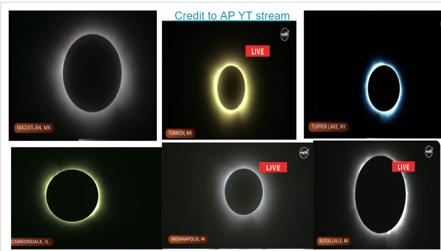 Choose you favorite solar eclipse glow color? What are the best scientific explanations for the glow? Cool phenomena! Credit to NASA & AP Press YT for educational purpose! Awesome stream! youtube.com/live/H_aPG0AeG… #SolarEclipse2024