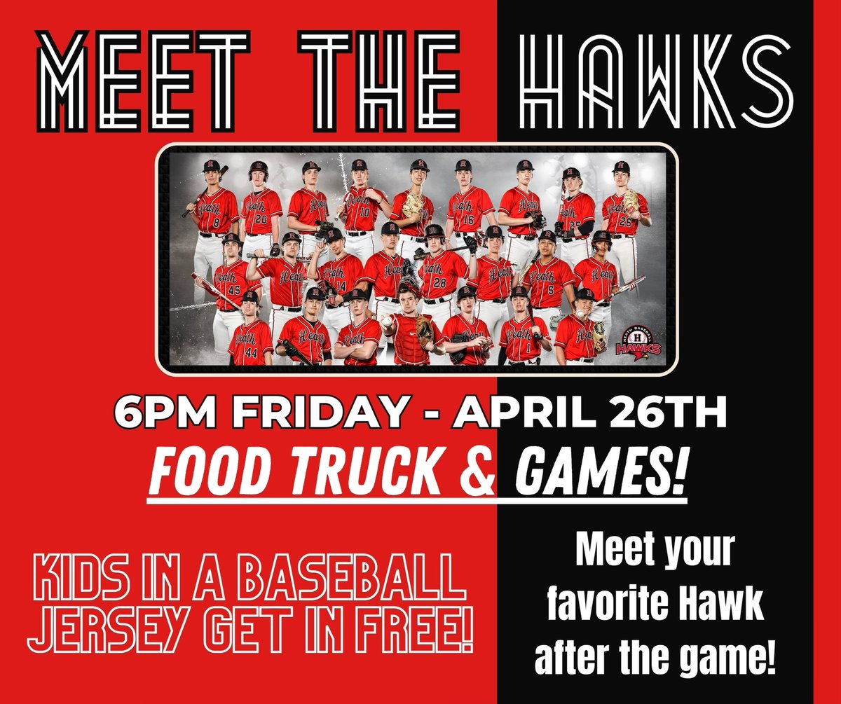 SAVE THE DATE, HAWK FANS!! The annual “Meet the Hawks” night is coming up! First 20 kids get an autographed ball by your 2024 Heath Hawks 🦅❤️🖤