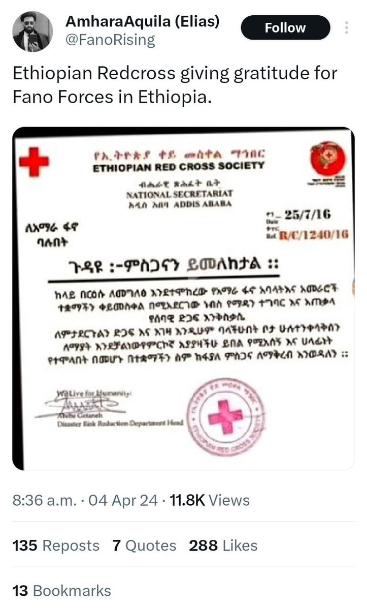 TheFitawrari's tweet photo. ⚠️#FactCheck: On April 4th, leader of dummy organization @One__Amhara identifying as Elias Demissie (user @FanoRising) shares yet another misleading post seen by nearly 12,000 users. The post contains what appears to be a letter of thanks from the @EthioRedCross (ERCS) addressed to Fano. However in a Facebook post from the official ERCS page on the same day, the ERCS states that the letter is fake. This is part of a disinformation campaign by TPLF sponsored "ethnic cosplayers" working to discredit genuine Amhara advocates and sabotage Amhara advocacy in the midst of the Abiy regime's genocidal #WarOnAmhara in Ethiopia. @EliasMeseret @elonmusk @Safety @GlennKesslerWP @MarishaGSherry @Lets_Fact @angengere @enocknyariki @FullFact
@APFactCheck @AfricaCheck @LogicallyFacts @AFPFactCheck @factchecknet @ErinKFlanagan
@gjfaure @ninaism @PesaCheck