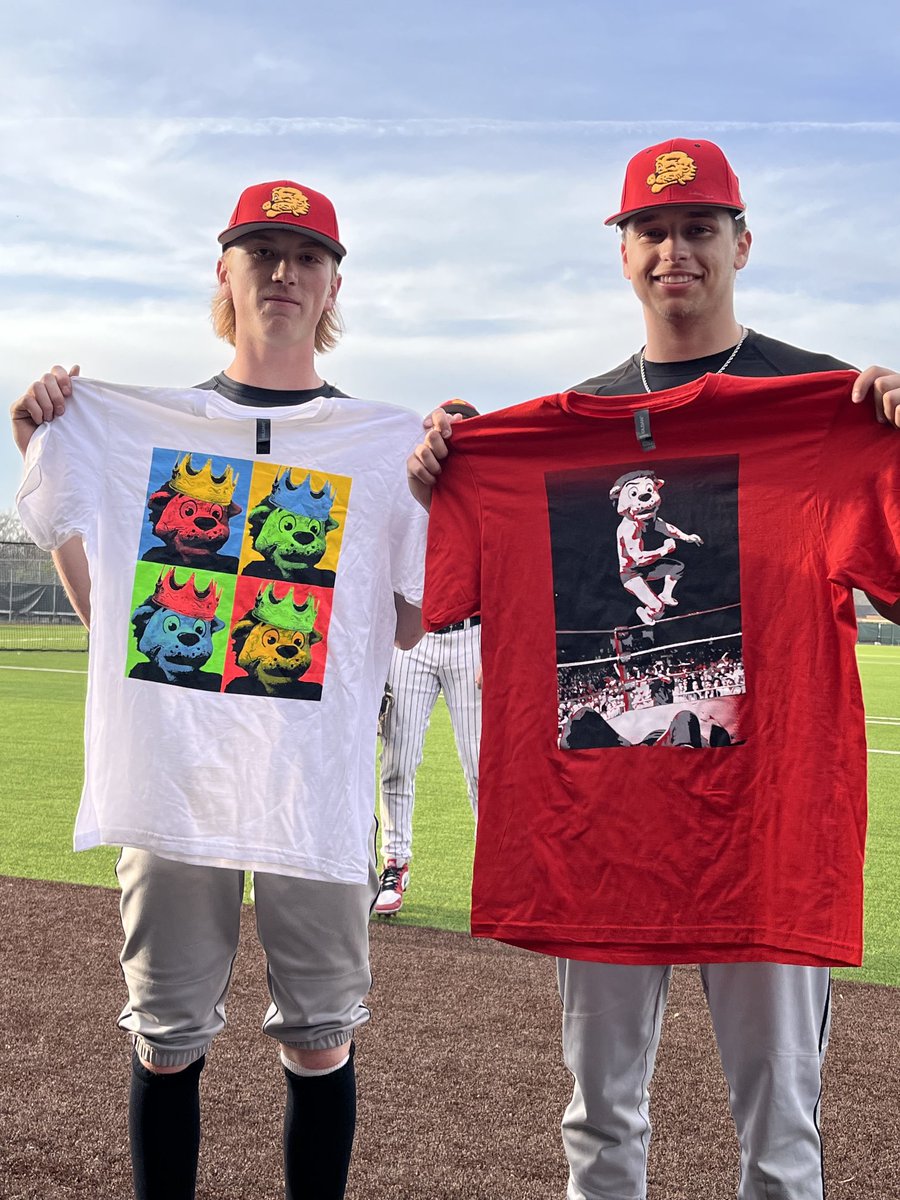 LionBaseball's tweet photo. Award shirt winners from Saturday's game against Wichita Heights:

Chesty Biggie "sicka than the average" winner- Brandt Edmonds 

Chesty Macho Man flying elbow drop winner- Cale Paden https://t.co/1H2XQn5EMp