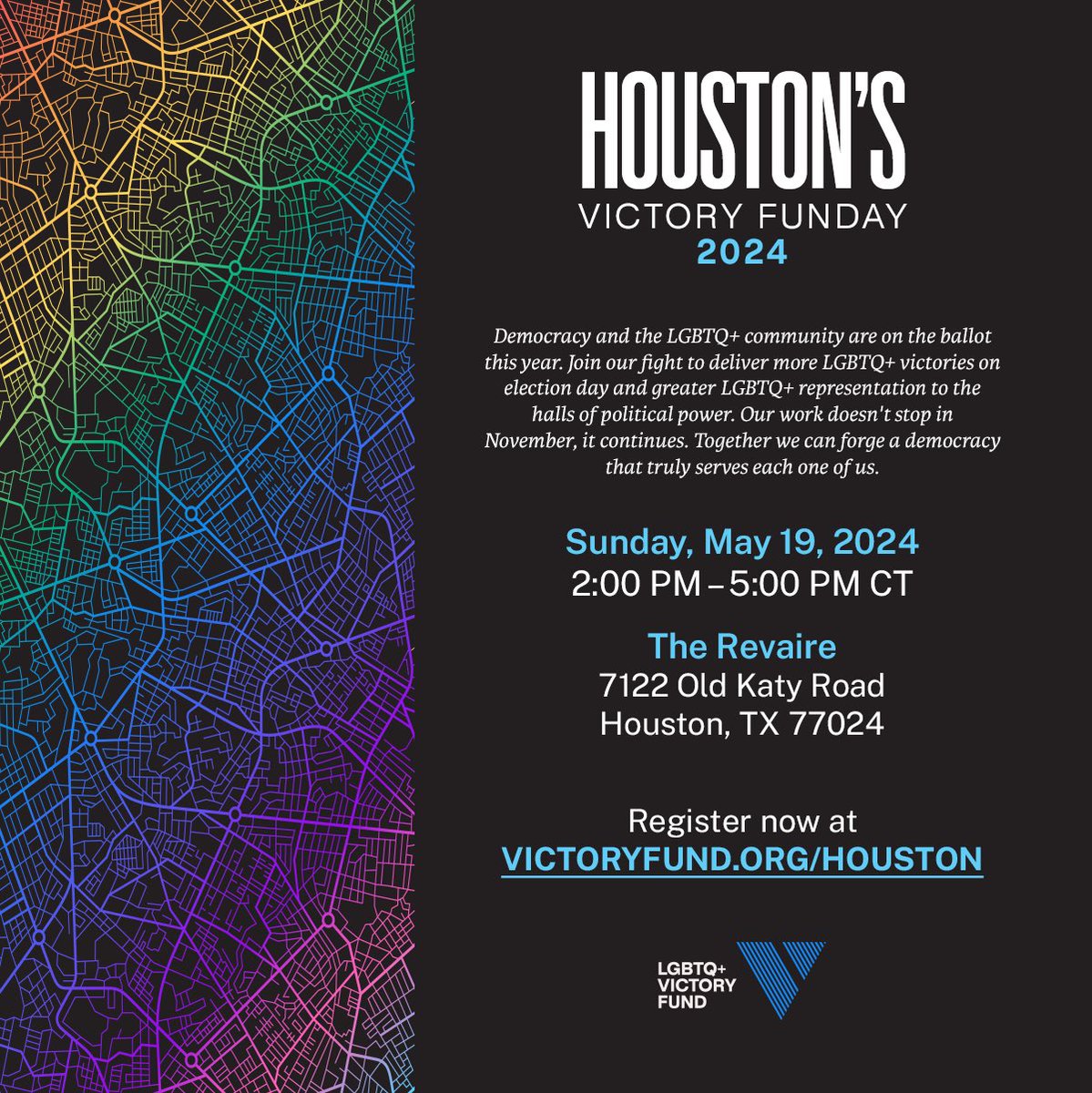 Houston! Democracy is on the ballot this election and we need your help. Join @victoryfund community leaders, our LGBTQ+ elected officials and candidates on May 19th for our annual Houston fundraiser.  victoryfund.org/houston Together we are Democracy In Action.