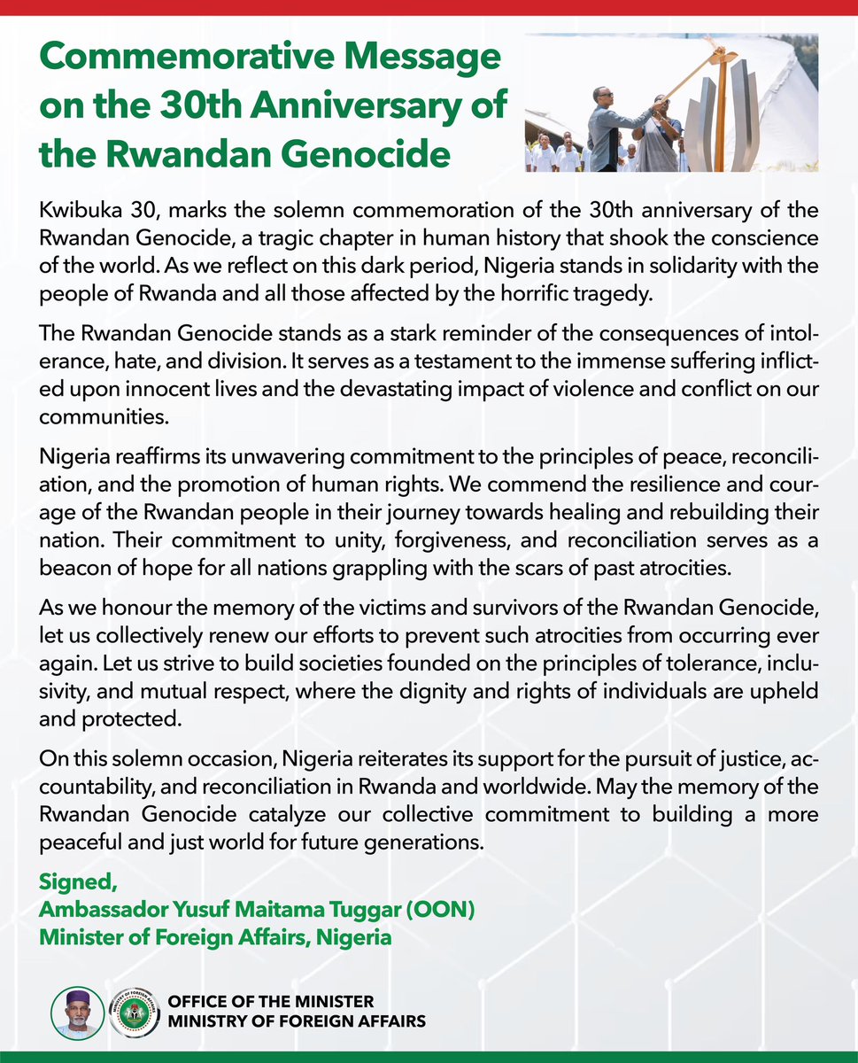 KWIBUKA 30: Commemorative Message on the 30th Anniversary of the Rwandan Genocide.