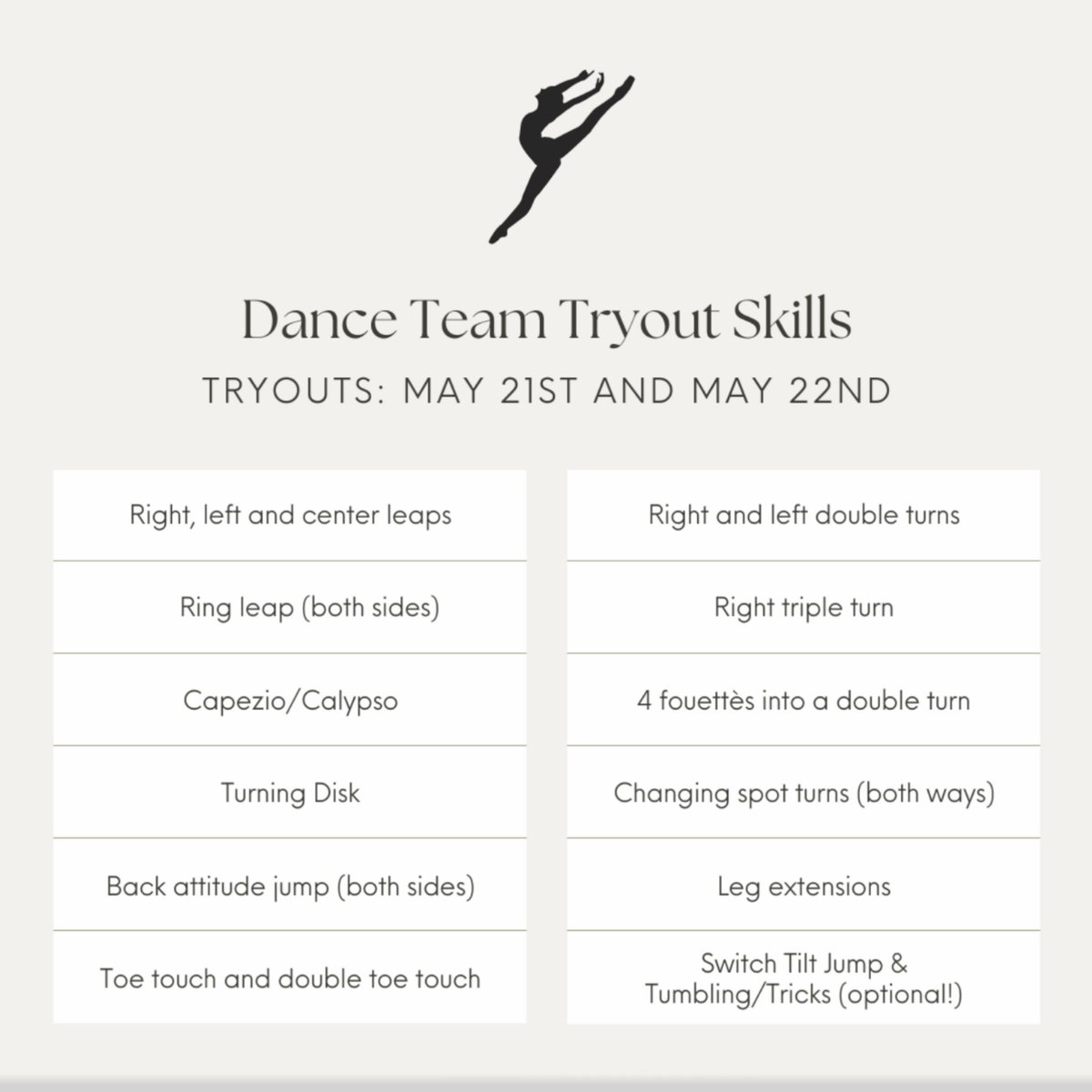 Are you interested in trying out for the Dance Team? Here are the skills they'll be testing at their tryouts to help you get started in preparing! Contact the head coaches or message the Dance Team Instagram with any questions.