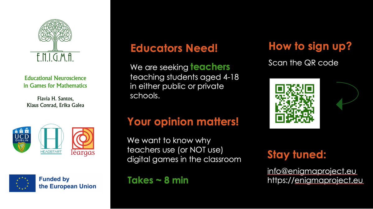 @eurireland Now, #EnigmaProject invites English speaking teachers across the globe, in special those teaching #mathematics for children and adolescents to take part in this brief survey about #GBL. Educational Neuroscience in Games for Mathematics! #SDG4 #Neuroscience #PlayMattersWatch