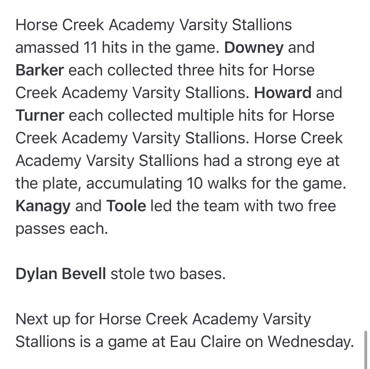 ⁦<a href="/Caden_Downey5/">Caden Downey</a>⁩ comes up big in 22-1 win for ⁦<a href="/HCA_BSBL/">Horse Creek Academy Stallions Baseball</a>⁩ over ⁦@DiamondWarEagle⁩. Downey was 3-for-3, with 5 rbi and 2 triples. ⁦<a href="/ColtWatkins18/">Colt Watkins</a>⁩ picked up the 3-inning win to improve to 2-3 on the season for the Senior.