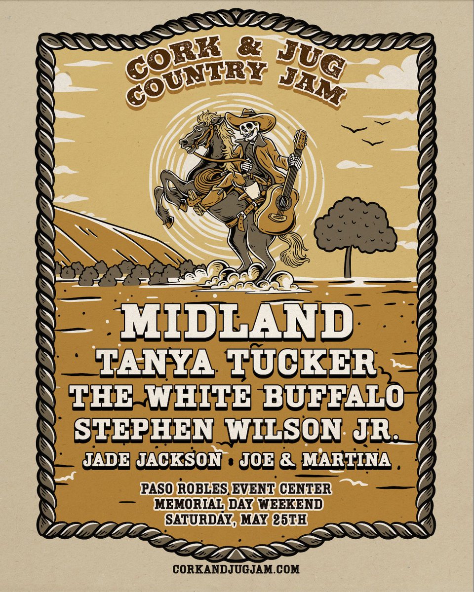 Paso Robles, CA - Who's comin' out to Cork & Jug Country Jam on Saturday, May 25? We're comin' in hot with our pals @tanyatucker , @SWJMusic , @blancobuffalo and more. Don't miss it. Get your tickets right now at corkandjugjam.com 🐊🐊🐊