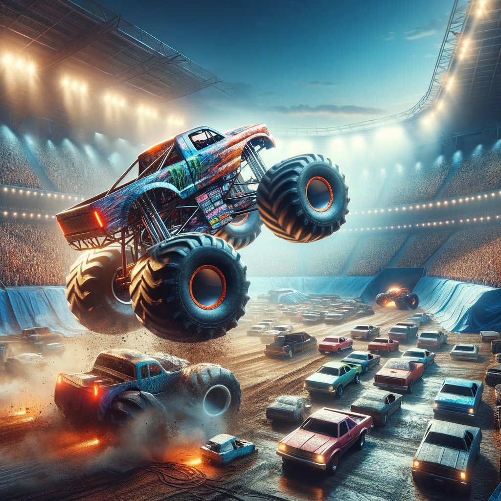 Defying gravity and thrilling crowds: Witness the heart-pounding excitement as a monster truck soars through the air over a mound of earth at a packed arena! 🚚💨 #MonsterTruckMadness #ExtremeStunts #AdrenalineRush #ThrillSeekers #ActionPacked #DaringFeats #MonsterTruckShow