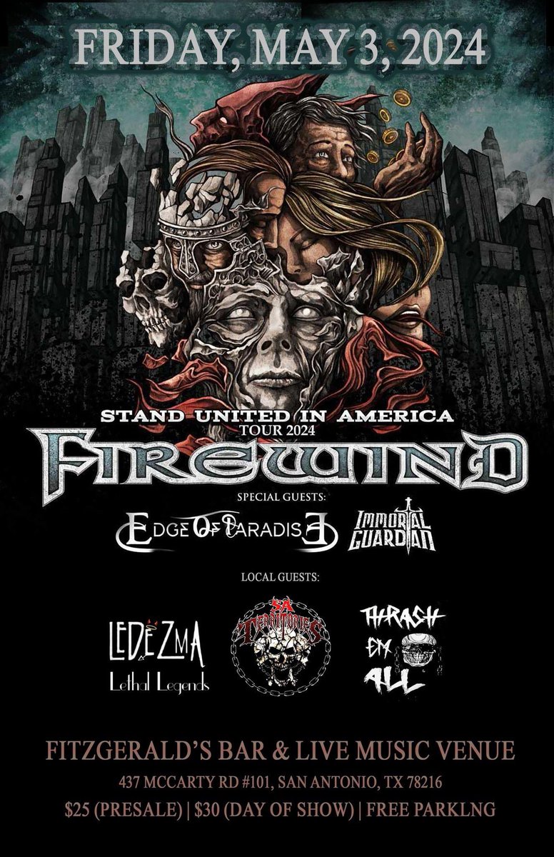 San Antonio TX Venue change: the show has been moved to Fitzgeralds Bar! Tickets: fitzrockssa.ticketleap.com/firewind2024/