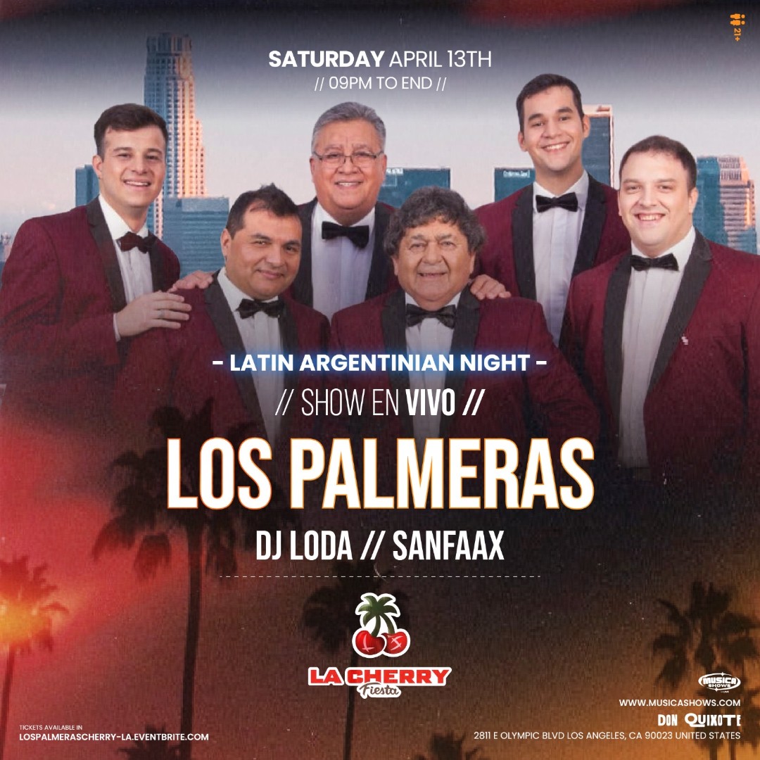 This Saturday 🎉 La Cherry Fiesta is bringing Los Palmeras to Donquixote. Flying in from Argentina, Los Palmeras, are making their US debut. Experience the Biggest Tropical Night in LA . Get tix: ow.ly/UNK150RaZ8w Sat, April 13th // 9pm // 21+
