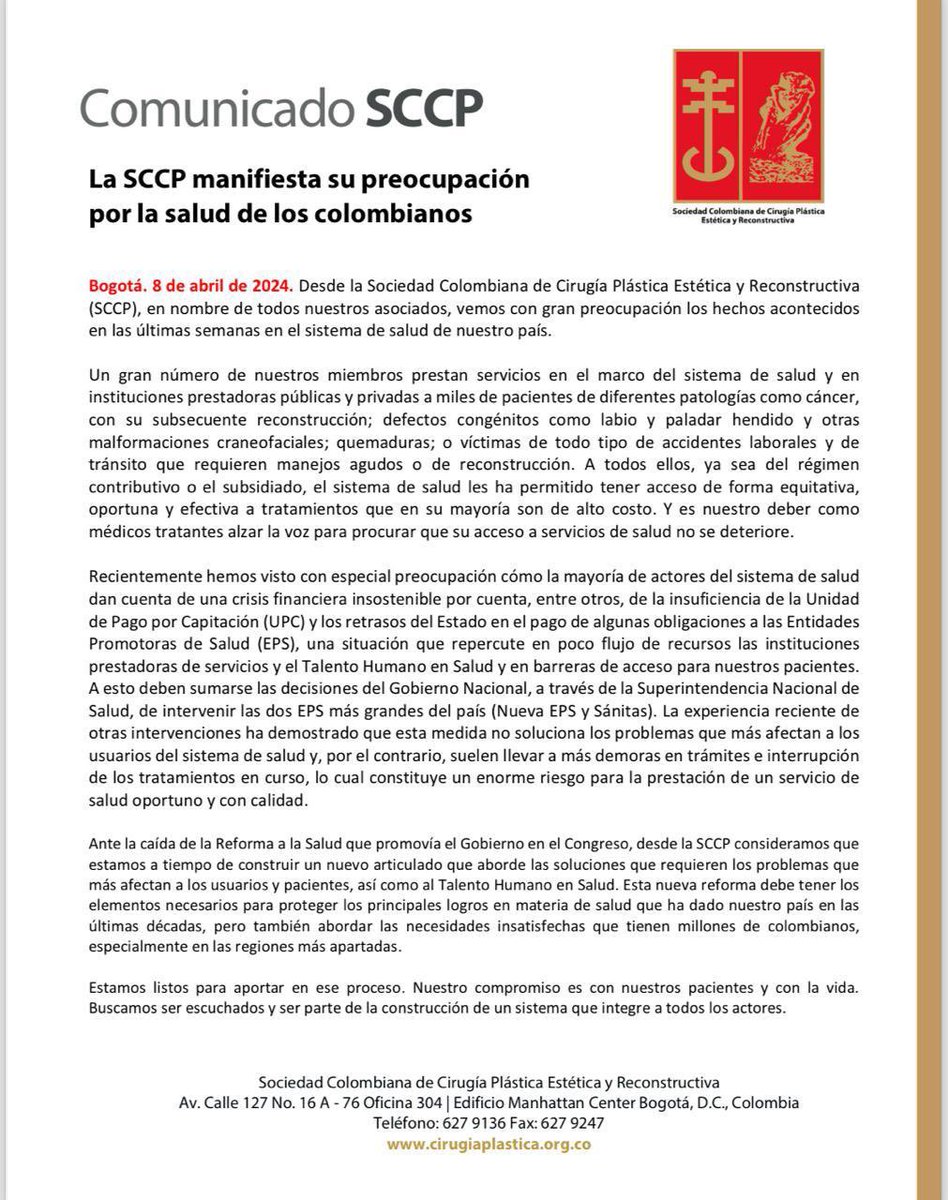 SociedadSCCP's tweet photo. 🚨Desde la Sociedad Colombiana de Cirugía Plástica Estética y Reconstructiva (SCCP), en nombre de todos nuestros asociados, vemos con gran preocupación los hechos acontecidos en las últimas semanas en el sistema de salud de nuestro país. 
📝Enviamos comunicado al respecto. https://t.co/gLeUzlAxcB